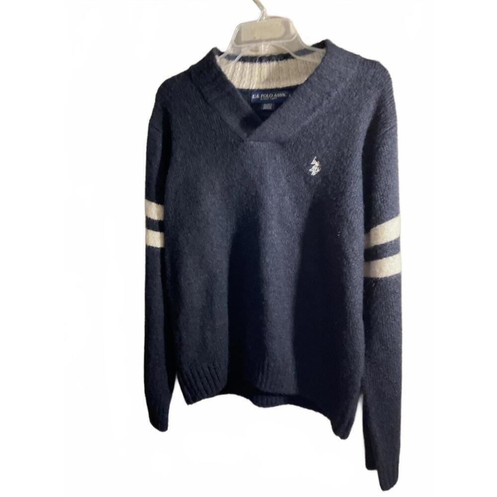 U.S. Polo Assn. Cozy V-Neck Sweater Preppy Academia  - Navy Blue Large
